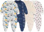MAMIMAKA Newborn Baby Boys Girls one-Piece Sleepsuit 4 Pack 2-way Zip Footed Pajamas for Play and Sleep