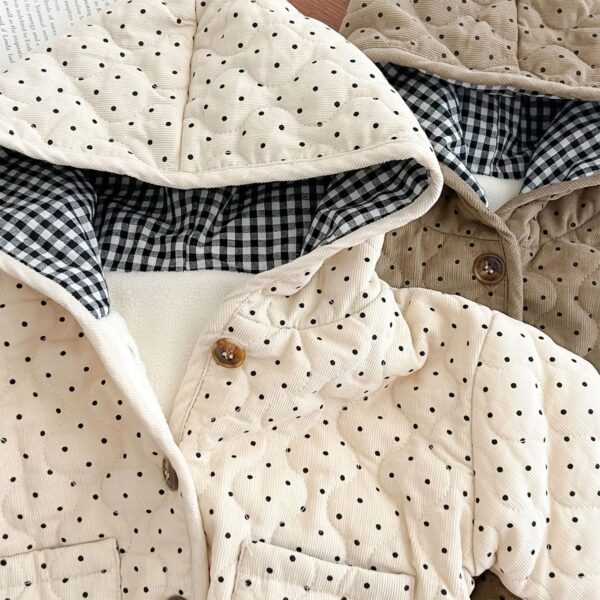 De feuilles Newborn Baby Boys Girls Quilted Hooded Coat Jacket Winter Warm Fleece Lining Button Down Outwear with Polka Dot Print - Image 5