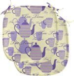 Ambesonne Tea Party Chair Seating Cushion Set of 2, Striped Teapots Cups Silhouettes Classical Calligraphy Pattern, Anti-Slip Seat Padding for Kitchen & Patio, 16"x16", Pale Yellow Lavender