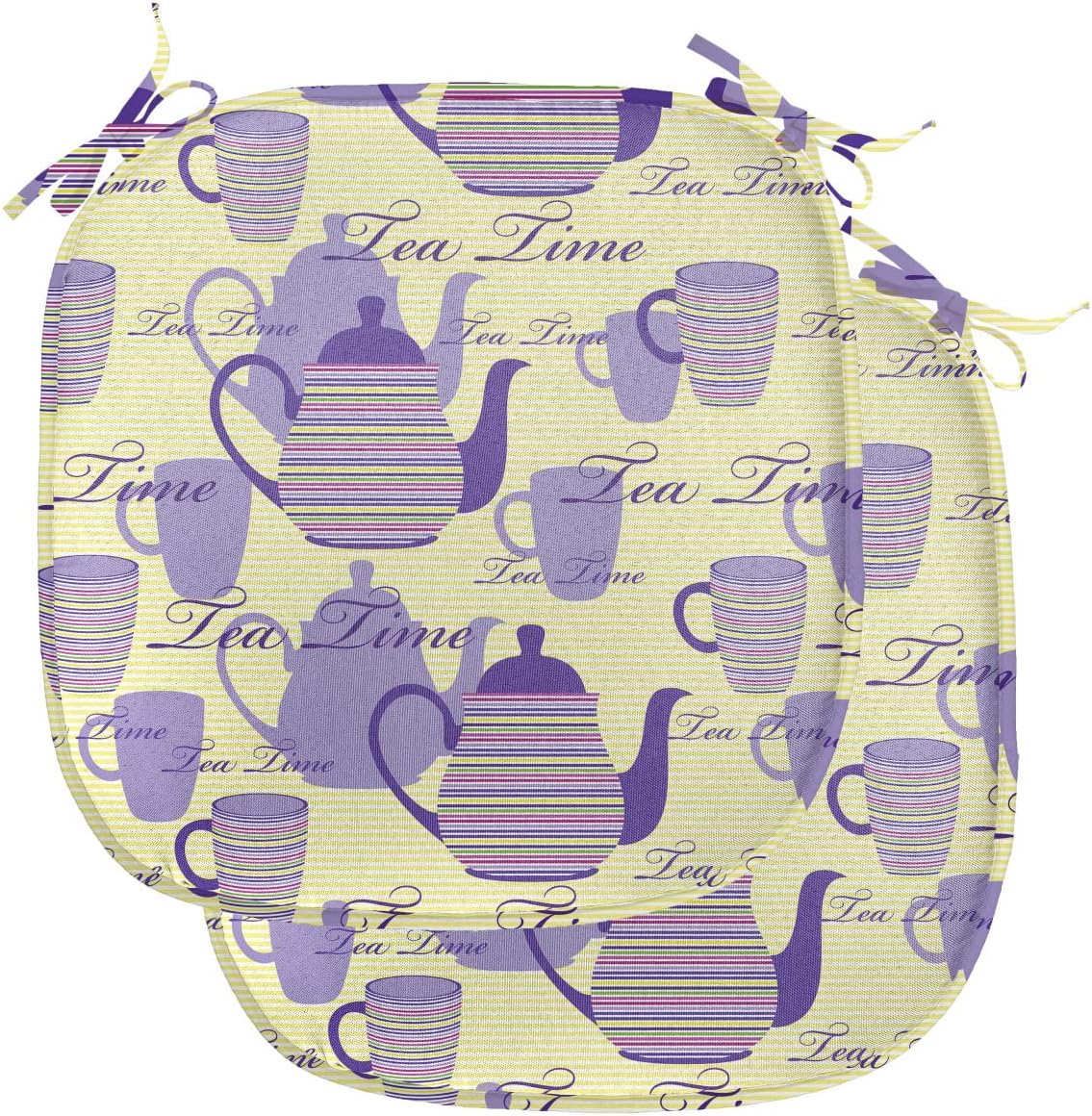 81yG1tJ0VJL._AC_SL1500_.jpg Ambesonne Tea Party Chair Seating Cushion Set of 2, Striped Teapots Cups Silhouettes Classical Calligraphy Pattern, Anti-Slip Seat Padding for Kitchen & Patio, 16"x16", Pale Yellow Lavender - Image 1