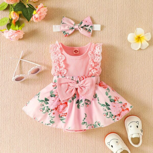 LYSINK Baby Girl Summer Clothes Sleeveless Lace Floral Romper Dress with Headband 0-18M Cute Newborn Outfits - Image 2