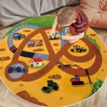 USTIDE Large Round Kids Rug Construction Vehicles Playroom Rug Digger Mixer Car Rug Nonslip Washable Rug Bedroom Kids Room Nursery,63inch - Image 2