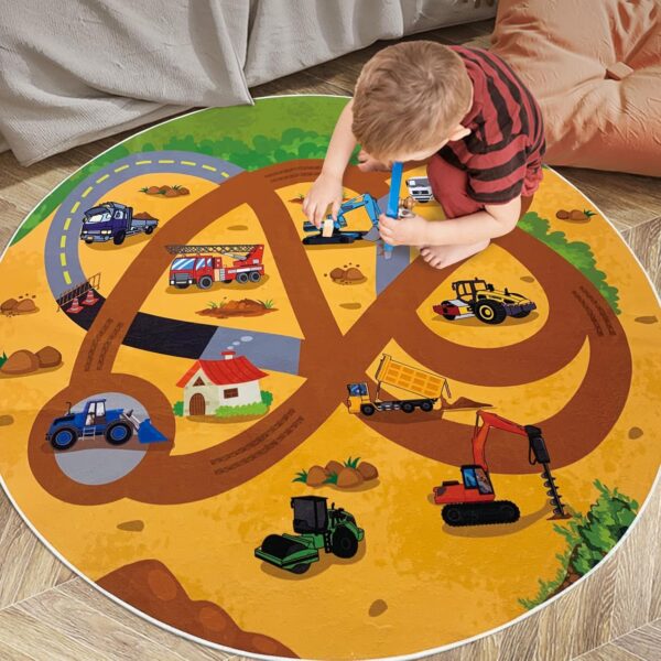 USTIDE Large Round Kids Rug Construction Vehicles Playroom Rug Digger Mixer Car Rug Nonslip Washable Rug Bedroom Kids Room Nursery,63inch - Image 2