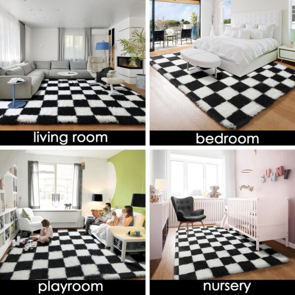 KICMOR 5x7 Rug for Living Room Bedroom, Fluffy Black and White Area Rug Fuzzy Shaggy Floor Carpets, Big Large Soft Plush Checkered Rugs for Kids Girls Boys Room Dorm Nursery, Home Decor Aesthetic - Image 2