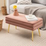 COSTWAY Storage Ottoman with Removable Top, Velvet Upholstered Storage Bench with Compartment & Gold Metal Legs, Modern Rectangular Footstool for Bedroom Living Room (Pink) - Image 8