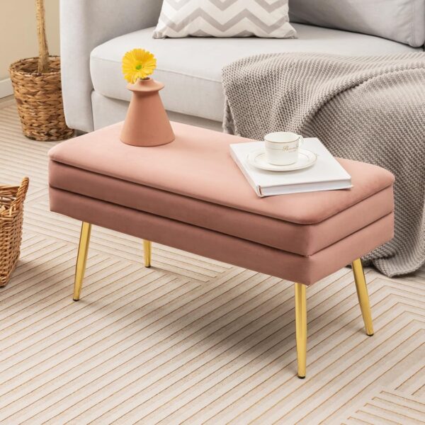 COSTWAY Storage Ottoman with Removable Top, Velvet Upholstered Storage Bench with Compartment & Gold Metal Legs, Modern Rectangular Footstool for Bedroom Living Room (Pink) - Image 8