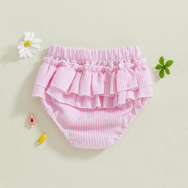 Acrawnni Newborn Baby Girl Ruffle Diaper Cover Striped Plaid Print Elastic Waist Linen Bloomers Infant Detail Bow Frilly Triangle Shorts - Image 3