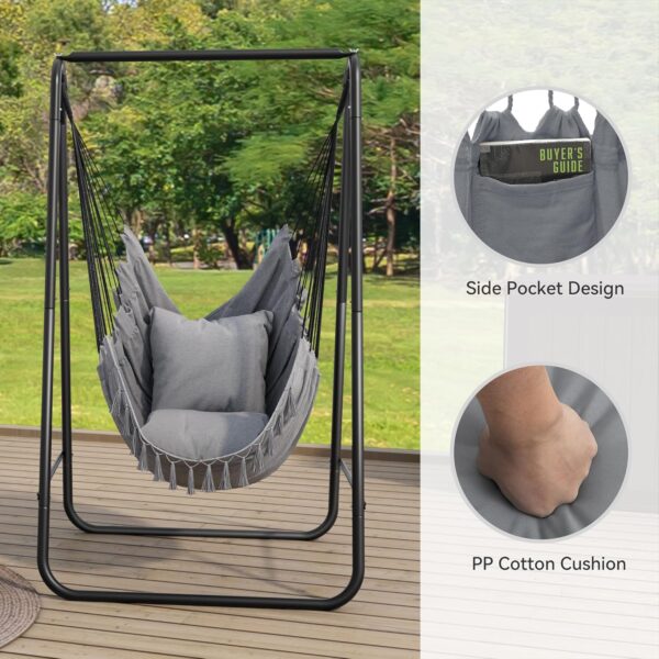 YITAHOME Hammock with Stand, Max. load 150 kg, Sturdy Steel Frame, Hammock Stand with Hanging Swing, 85x92x155 cm, Swing Chair with 2 Hooks and 1 Side Pocket for Patio, Balcony and Garden, Grey - Image 5