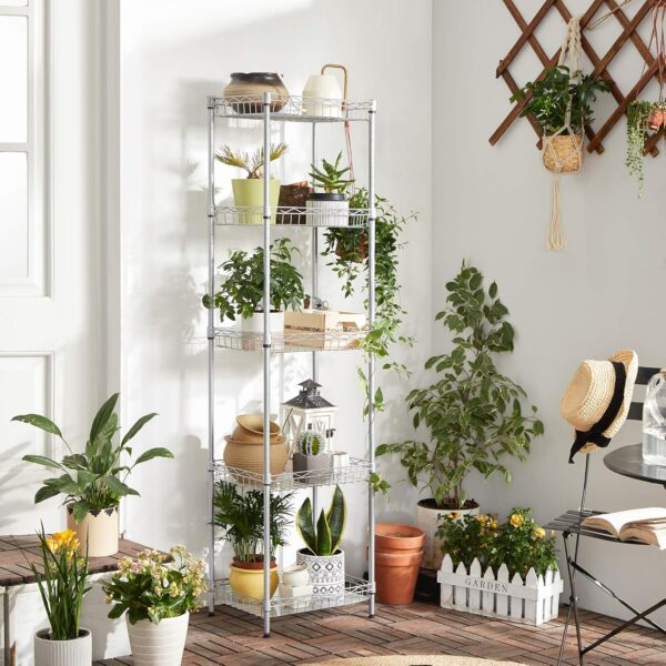 SONGMICS Metal Storage Shelf, Wire Basket Shelving Unit, Kitchen Storage Rack, 4 Hooks, PP Sheets, Adjustable Shelves, Total Load Capacity 100 kg, for Bathroom, Pantry, Small Spaces, Silver LGR105E01 - Image 8