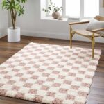 Hauteloom Etiler Checkered Shag Area Rug - Checkboard Design - High Pile Fluffy Shaggy Touch - Square Tiles - Kids Room, Nursery, Living Room Shaggy Carpet - Pink, Cream, White - 5'3" x 7'3"