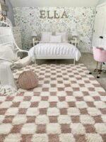 Hauteloom Etiler Checkered Shag Area Rug - Checkboard Design - High Pile Fluffy Shaggy Touch - Square Tiles - Kids Room, Nursery, Living Room Shaggy Carpet - Pink, Cream, White - 5'3" x 7'3" - Image 6