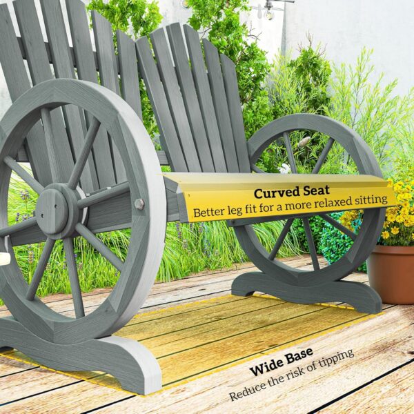 Outsunny 2 Seater Garden Bench, Comfortable Fir Wood Love Chair with Wagon Wheel-Shaped Armrests, Outdoor Adirondack Wooden Loveseats, Grey - Image 8
