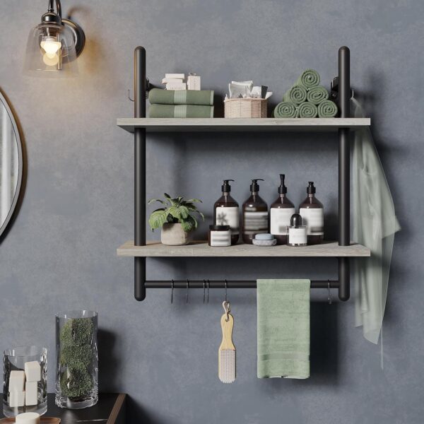 Bestier Floating Shelves Kitchen Shelves Wall Mounted 24" Wood Floating Shelf Bathroom 2 Tier Ladder Shelves with Tower Bar, Wall Decor for Bedroom, Living Room, Wine bar & Dorm,Grey Oak - Image 6