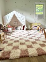 Hauteloom Etiler Checkered Shag Area Rug - Checkboard Design - High Pile Fluffy Shaggy Touch - Square Tiles - Kids Room, Nursery, Living Room Shaggy Carpet - Pink, Cream, White - 5'3" x 7'3" - Image 7