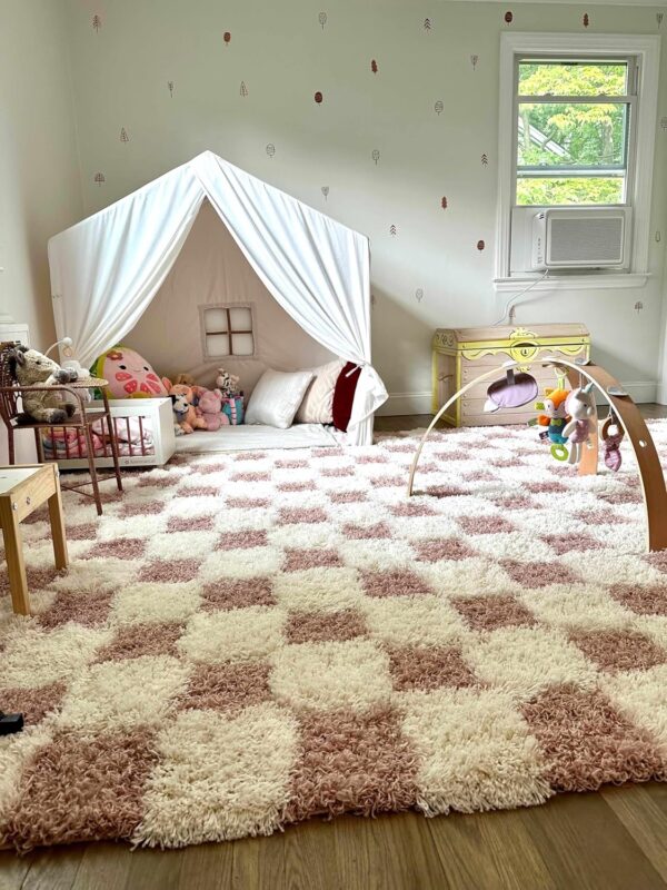 Hauteloom Etiler Checkered Shag Area Rug - Checkboard Design - High Pile Fluffy Shaggy Touch - Square Tiles - Kids Room, Nursery, Living Room Shaggy Carpet - Pink, Cream, White - 5'3" x 7'3" - Image 7