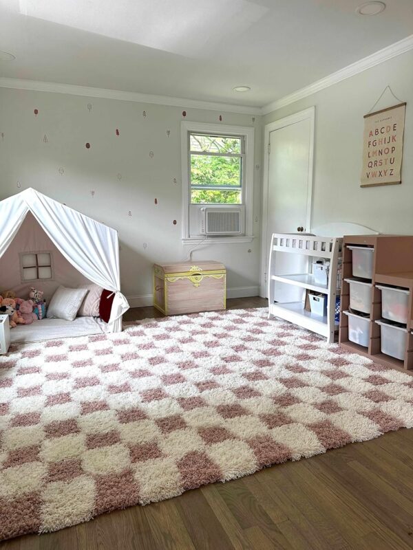Hauteloom Etiler Checkered Shag Area Rug - Checkboard Design - High Pile Fluffy Shaggy Touch - Square Tiles - Kids Room, Nursery, Living Room Shaggy Carpet - Pink, Cream, White - 5'3" x 7'3" - Image 3