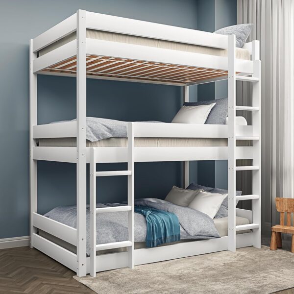 Blisswood Bunk Bed, 3ft Triple Bunk Bed With Ladder High Sleeper Kids Bed, Solid Pine Wood Kids Children Bed frame For Home (White, L197 x W96 x H198 cm) - Image 2