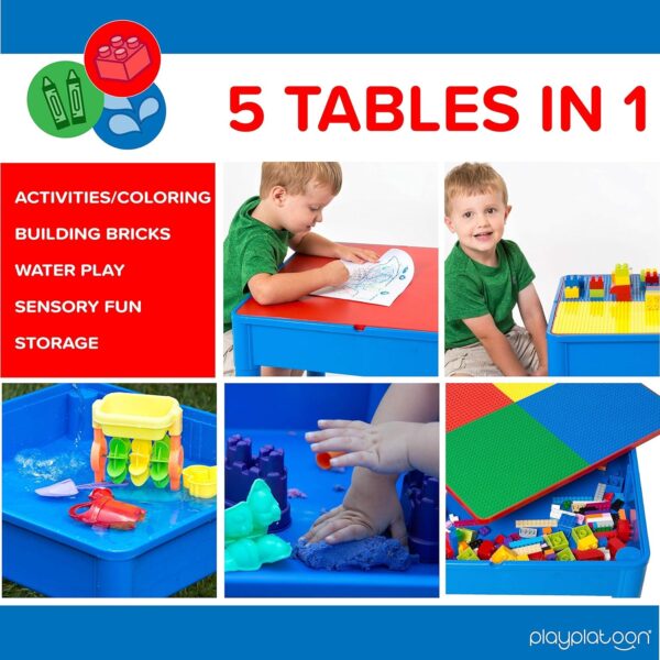 Play Platoon 5 in 1 Kids Activity Table and Chair Set for Toddlers, Building Block, Craft & Sensory Tables for Toddlers with 2 Chairs & 25 XL Blocks - Yellow Red Green - Image 3
