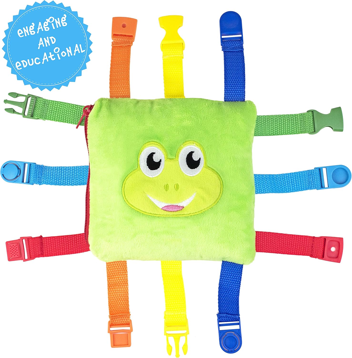 91dIFo4X0DL._AC_SL1500_.jpg Frog Plush Toddler Puzzle Toy - Sensory Busy Board Pillow - Soft Play Education Activity Toy for 1 - 3 Year Old Kids - Boys & Girls Baby Buckle - Improve Motor Skills, Fidget/ Fiddle Travel Game. - Image 1
