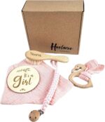 Personalised Engraved New Baby Hairbrush Gift Set, It's A Girl, Pink Swan Teether and Bib Baby Gift Box Hamper Newborn Girl Gift - Image 2