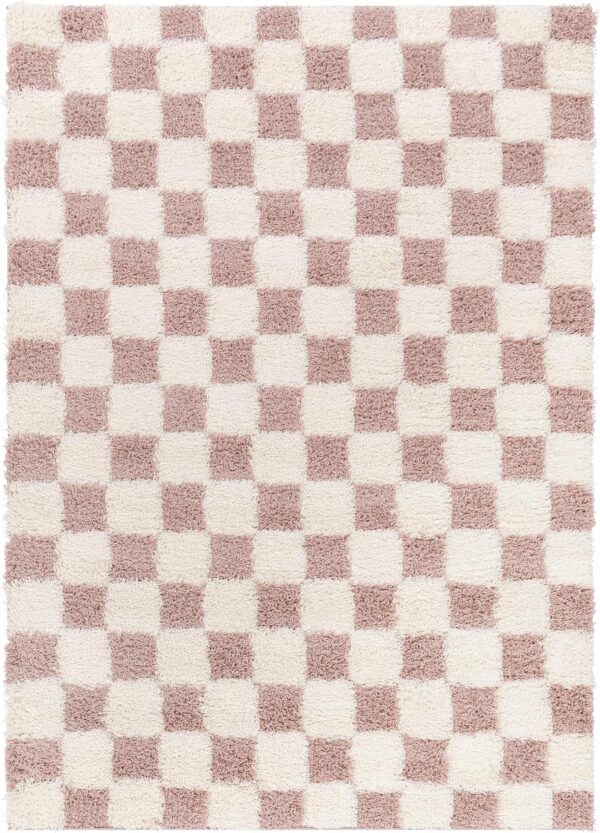 Hauteloom Etiler Checkered Shag Area Rug - Checkboard Design - High Pile Fluffy Shaggy Touch - Square Tiles - Kids Room, Nursery, Living Room Shaggy Carpet - Pink, Cream, White - 5'3" x 7'3" - Image 2