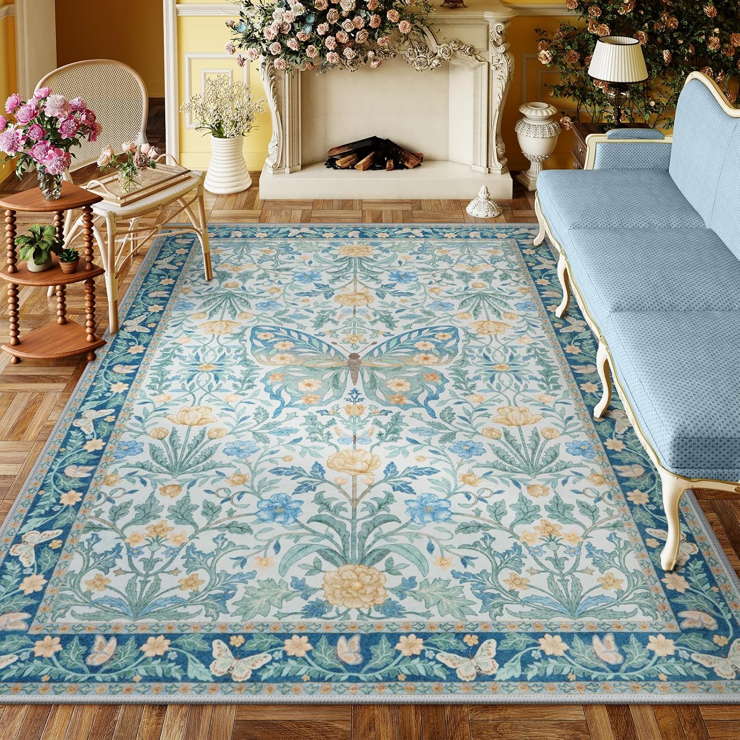 91g7YCQaJnL._AC_SL1500_.jpg Collive 8x10 Area Rugs for Living Room, Machine Washable Floral Butterfly Bedroom Rug Soft Non-Shedding Insect Large Playroom Carpet Non-Slip Floor Rug for Classroom Nursery Kids Room (8x10ft,Blue) - Image 1