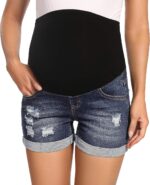 Foucome Maternity Denim Shorts Over Bump Casual Ripped Jean Shorts Trendy Distressed Rolled Hem Pregnancy Shorts
