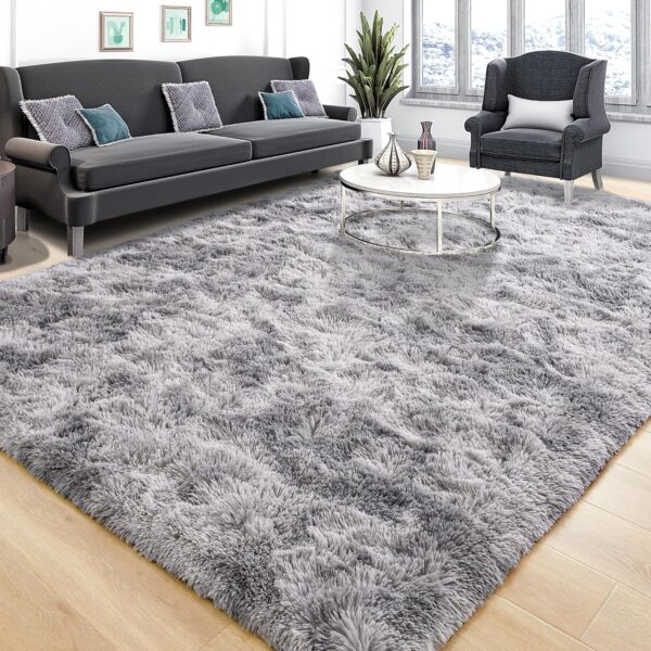 Tepook Fluffy Large Rugs for Living Room, 8x10 Area Rugs for Bedroom, Modern Shag Fuzzy Carpets for Kids Boys Girls, Plush Indoor Nursery Home Decor Rug with Non-Slip Bottom, Tie-dye Light Grey - Image 2