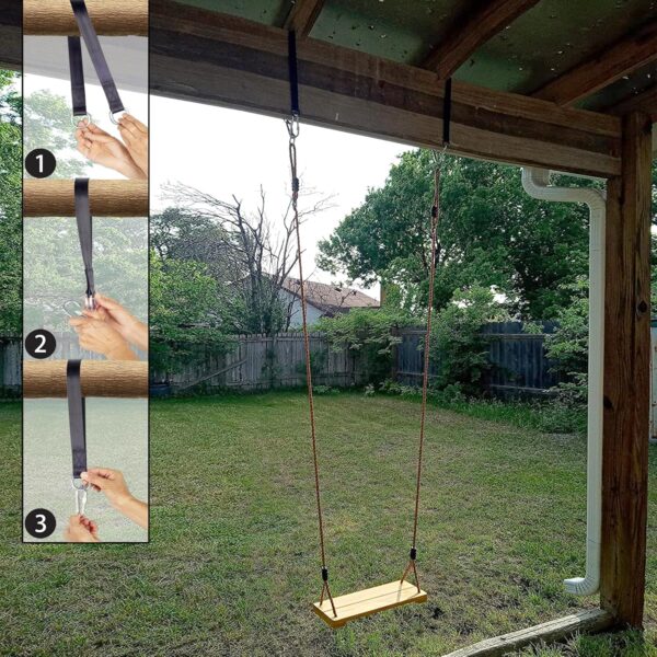 KINSPORY Wooden Swing, Wooden Tree Swing for Kid, Toddler Tree Swing Set, Wooden Swing Seat for Outdoor Porch Patio Garden Playgroud, Comes with Adjustable Nylon Rope and Tree Hanging Straps Kit - Image 5