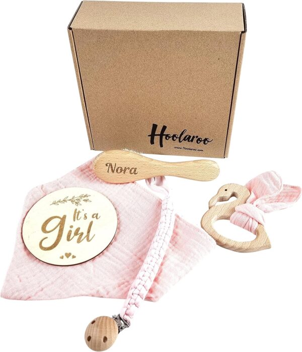 Personalised Engraved New Baby Hairbrush Gift Set, It's A Girl, Pink Swan Teether and Bib Baby Gift Box Hamper Newborn Girl Gift - Image 4