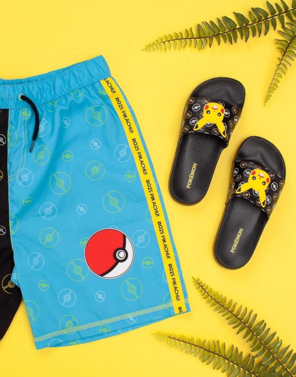 Pokemon Sliders For Boys | Kids Pikachu Face Sandals Beach Shower Shoes | Childrens Pokeball Black Summer Footwear Game Merchandise Gift - Image 2