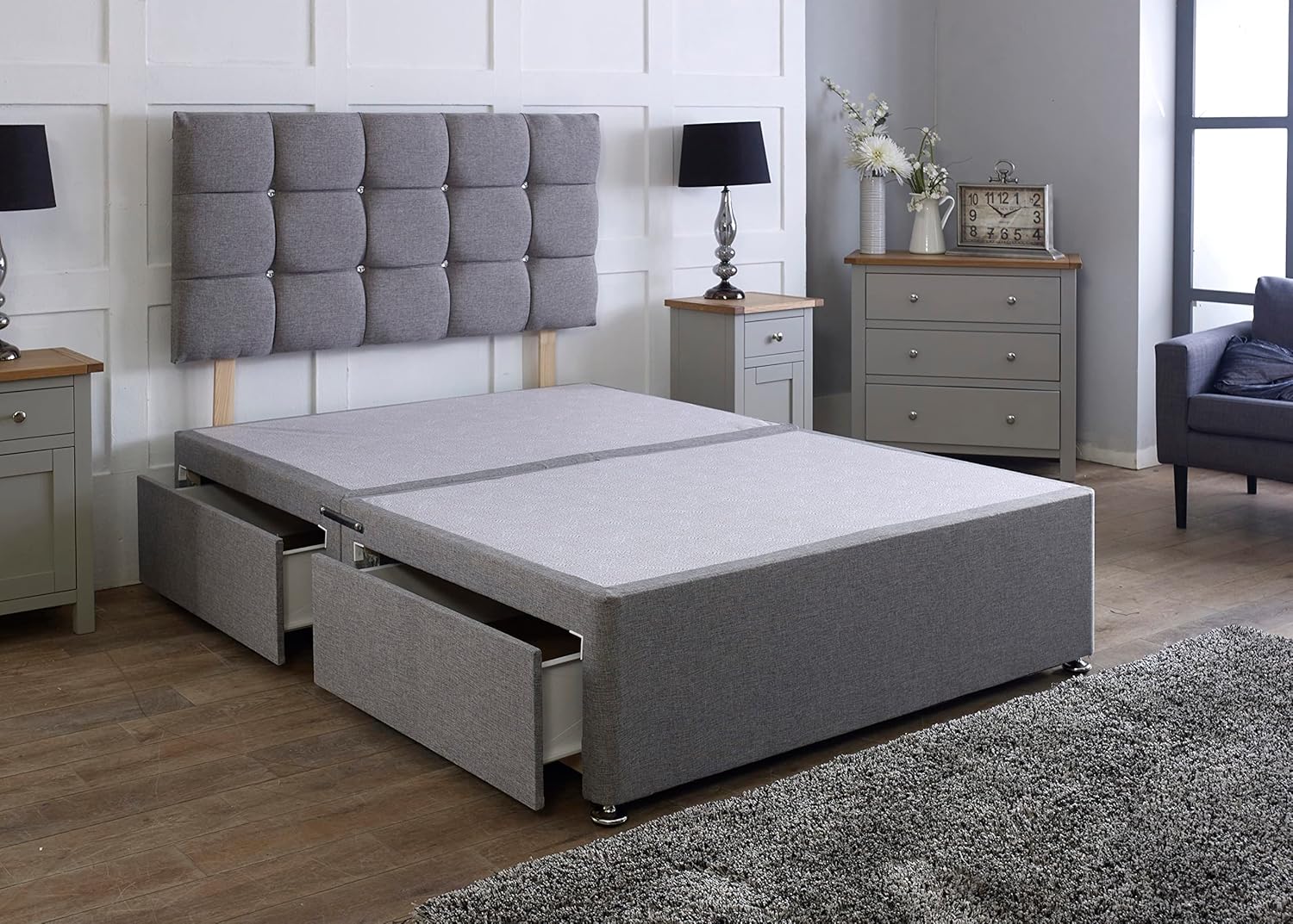 91s08-VyPoL._AC_SL1500_.jpg Comfy Deluxe LTD Linen Divan Bed Base With Matching Cube Headboard | Divan Bed Frame | Bed Base | Premium Linen (Grey, 2FT6 Small Single 0 Drawer) - Image 1