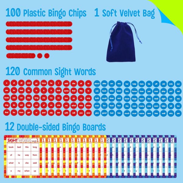 Sight Word Bingo Game, 120 Sight Words Learn to Read Level 1 & Level 2 Bingo Board Game Dolch's & Fry's Words Lists for Kindergarten and Preschool Kids 4-8, Perfect for Classroom & At Home - Image 2