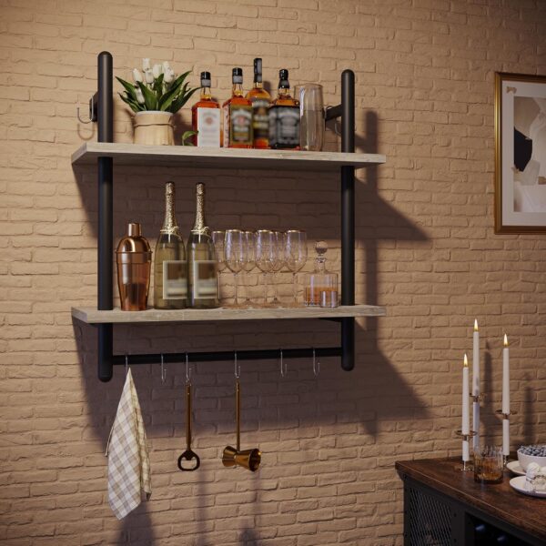 Bestier Floating Shelves Kitchen Shelves Wall Mounted 24" Wood Floating Shelf Bathroom 2 Tier Ladder Shelves with Tower Bar, Wall Decor for Bedroom, Living Room, Wine bar & Dorm,Grey Oak - Image 7