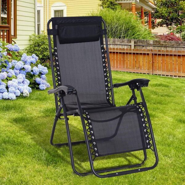 Outsunny Zero Gravity Chair Metal Frame Texteline Armchair Outdoor Folding and Reclining Sun Lounger with Head Pillow for Patio Decking Gardens Camping, Black - Image 2