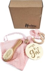 Personalised Engraved New Baby Hairbrush Gift Set, It's A Girl, Pink Swan Teether and Bib Baby Gift Box Hamper Newborn Girl Gift