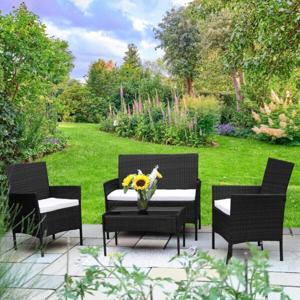 DIVCHI Garden Furniture Set Rattan Patio Conservatory Balcony Indoor Outdoor 4 Seater Piece Glass Top Coffee Table Sofa Loveseat with Cushions (Black) - Image 2