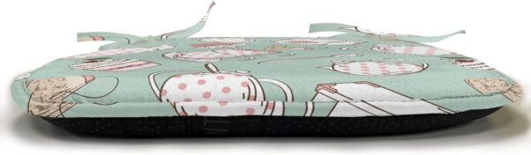 Ambesonne Tea Party Chair Seating Cushion Set of 8, Polka Dots on Teapots and Cups Cupcake with Cherry on Top Teabag English, Anti-Slip Seat Padding for Kitchen & Patio, 16"x16", Almond Green Coral - Image 3
