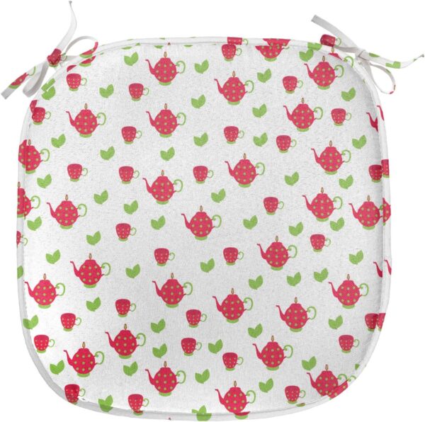 Ambesonne Tea Party Chair Seating Cushion Set of 12, Teapots with Polka Dots and Leaves Tea Time Image Beverage British Design, Anti-Slip Seat Padding for Kitchen & Patio, 16"x16", Dark Coral Green - Image 2