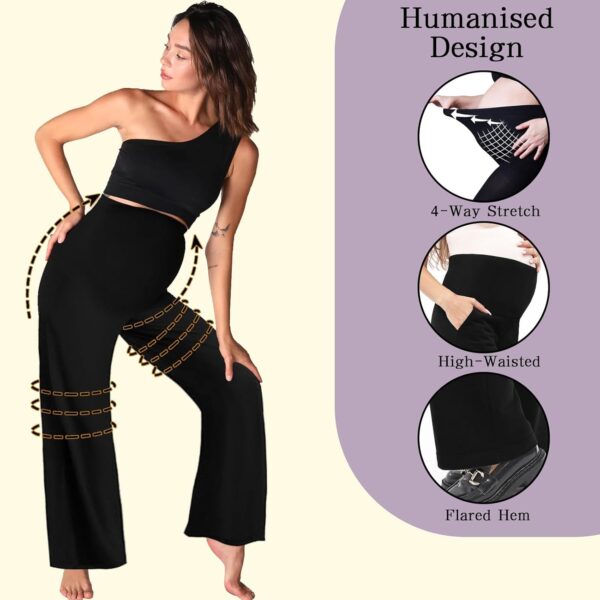 BIOECEUA Women Maternity Flared Leggings Over Bump, High Waisted Soft Stretch Belly Support Pregnancy Trousers with Pockets, Wide Leg Bootcut Yoga Pants for Gym Yoga Workout Casual - Image 3