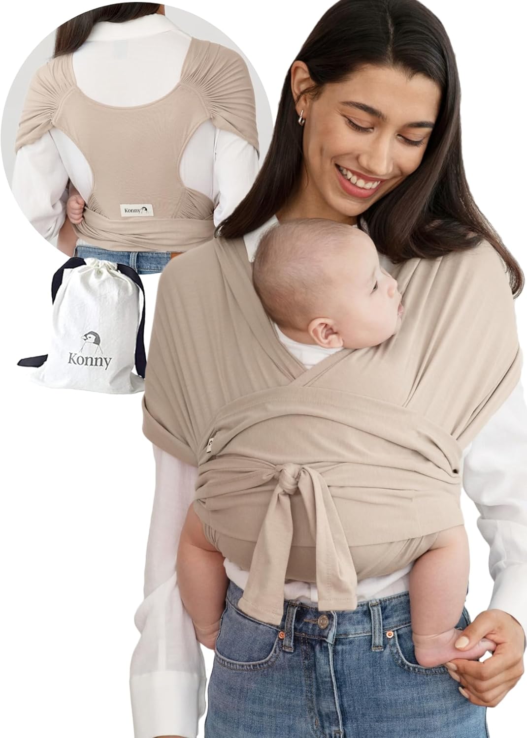 1743931754_71R2k5ShcL._AC_SL1500_.jpg Konny Baby Carrier Flex SoftBreeze - Adjustable Carrier, Hassle-Free, Easy to Wear Infant Sling Wrap, Perfect for Newborn Babies up to 44 lbs Toddlers (M-4XL) - Beige - Image 1