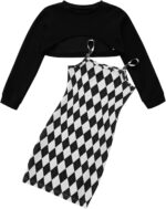 Naiyafly Girl's 2 Piece Outfits Kids Long Sleeve Crop Top and Cami Dress Set Teen Girls Pullover Sweatshirt + Butterfly/Plaid Print Bodycon Dress Clothes Christmas Party Casual Costumes