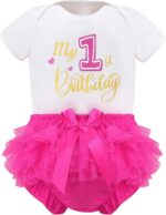 Aiihoo 2Pcs Baby Girl Outfits My 1st Birthday Print Short Sleeve Bodysuit with Ruffled Bloomer Shorts
