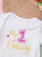 Aiihoo 2Pcs Baby Girl Outfits My 1st Birthday Print Short Sleeve Bodysuit with Ruffled Bloomer Shorts - Image 4