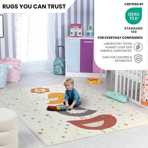 Livabliss Birds Kids Rug - Childrens Rugs for Bedroom 120x170 cm, Animal Kids Carpet for Girls & Boys Bedroom, Playroom and Nursery Rugs, Baby Rug for Girl or Boy Room, Ivory, Mustard, Pink - Image 3
