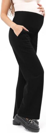 BIOECEUA Women Maternity Flared Leggings Over Bump, High Waisted Soft Stretch Belly Support Pregnancy Trousers with Pockets, Wide Leg Bootcut Yoga Pants for Gym Yoga Workout Casual