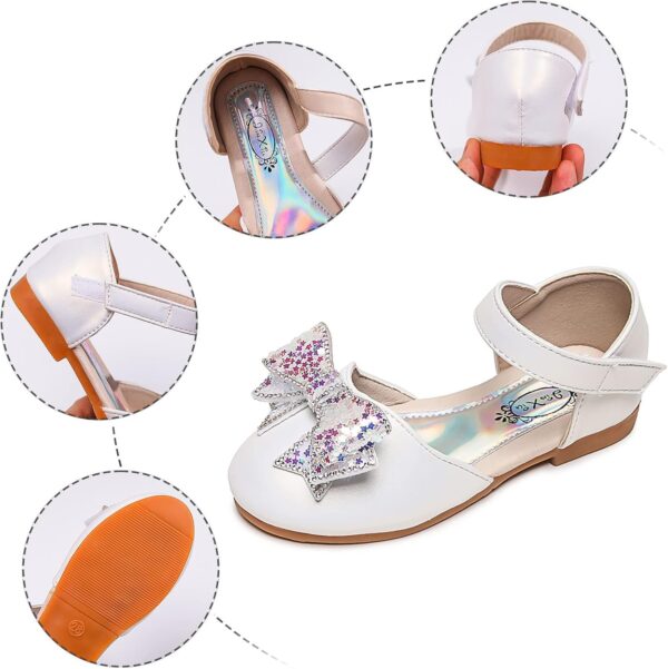 Baby Girls Dress Dance Shoes Bow Glitter Sequins Ankle 𝗟ow Heel Sandals Closed Toe Strap Toddler Kids Loafers (White, 10 Little Child) - Image 3