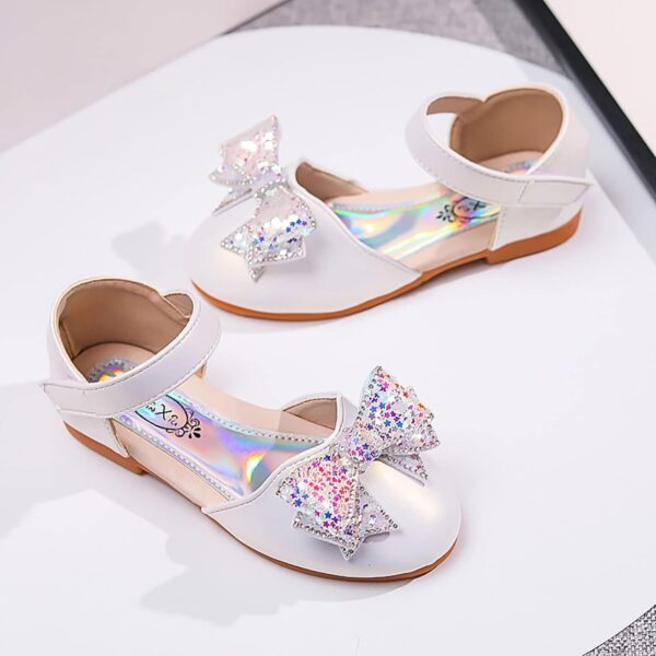 Baby Girls Dress Dance Shoes Bow Glitter Sequins Ankle 𝗟ow Heel Sandals Closed Toe Strap Toddler Kids Loafers (White, 10 Little Child) - Image 4