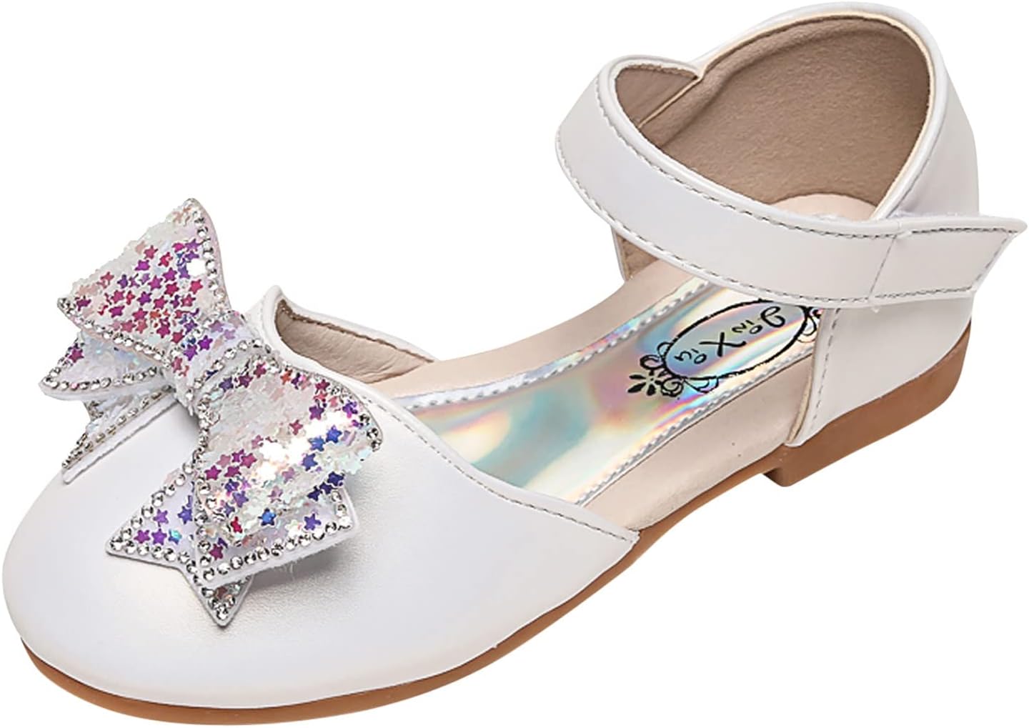 1744212324_617t6UYY6hL._AC_SL1500_.jpg Baby Girls Dress Dance Shoes Bow Glitter Sequins Ankle 𝗟ow Heel Sandals Closed Toe Strap Toddler Kids Loafers (White, 3 Big Kids) - Image 1