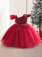 miço kids Baby Girls Sequin One-Shoulder Princess Dress | Burgundy Tulle Party Gown | Flower Girl, Birthday, Wedding & Dress - Image 2